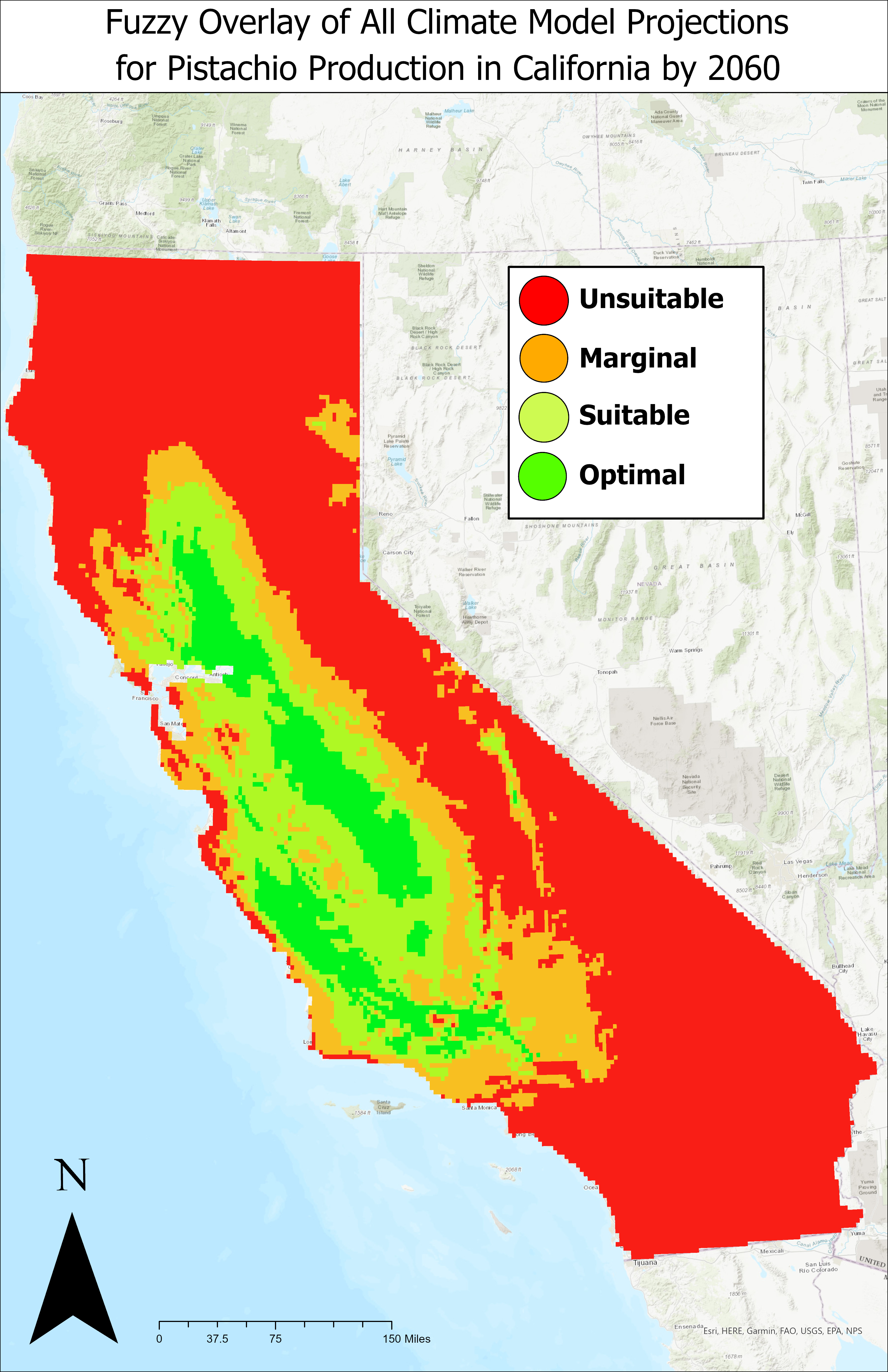 Figure 2: Distribution of pistachio crops in California by 2061