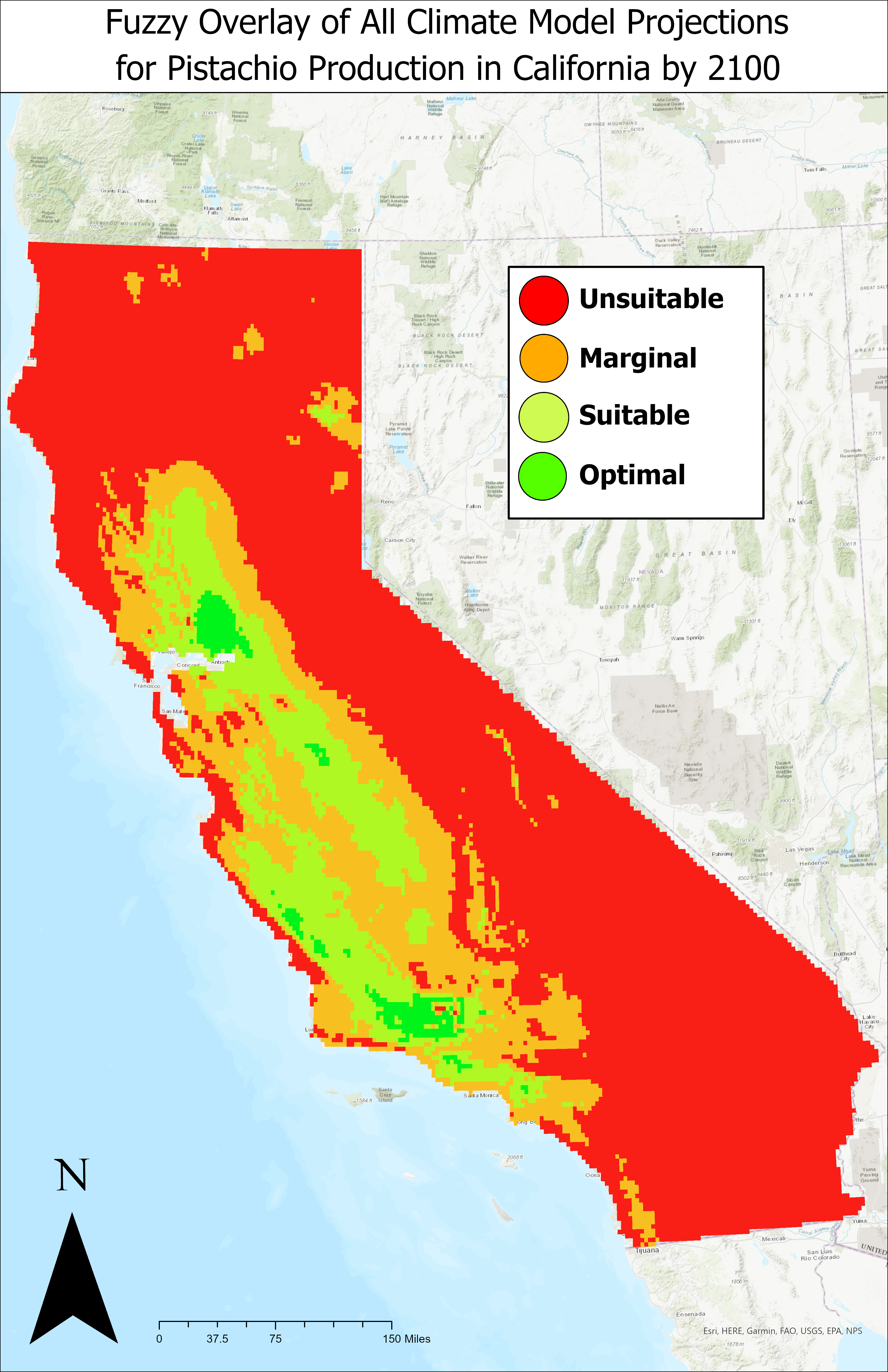 Figure 3: Distribution of pistachio crops in California by 2100